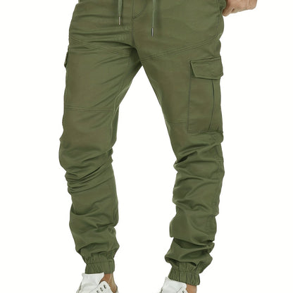 vlovelawSolid Color Multi Flap Pockets Men's Straight Leg Cargo Pants, Loose Drawstring Casual Outdoor Pants, Men's Work Pants For Hiking Fishing Angling