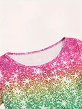 Glittering Girls Unicorn Dress - Sparkling 3D Sequin Print, Crew Neck, Short Sleeves - Perfect Summer Fashion for Dreamy Adventures!