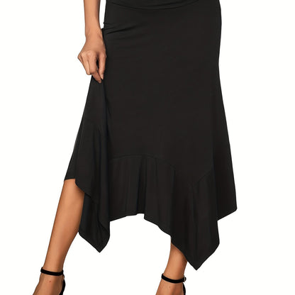 Solid Asymmetrical Hem Skirts, Casual Ruched Midi Skirts, Women's Clothing