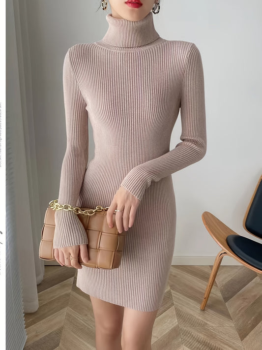 vlovelaw  Elegant Solid Turtleneck Bodycon Dress, Long Sleeve Casual Every Day Dress For Winter & Fall, Women's Clothing