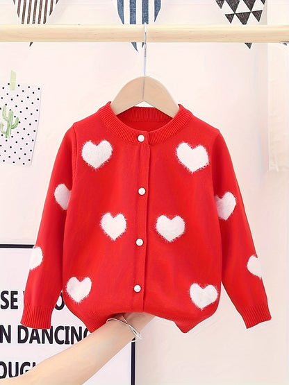 Adorable Girls Heart Pattern Knit Cardigan - Soft Long Sleeve Crew Neck Sweater Jacket with Cute Button Detail - Perfectly Short for a Chic, Elegant Style