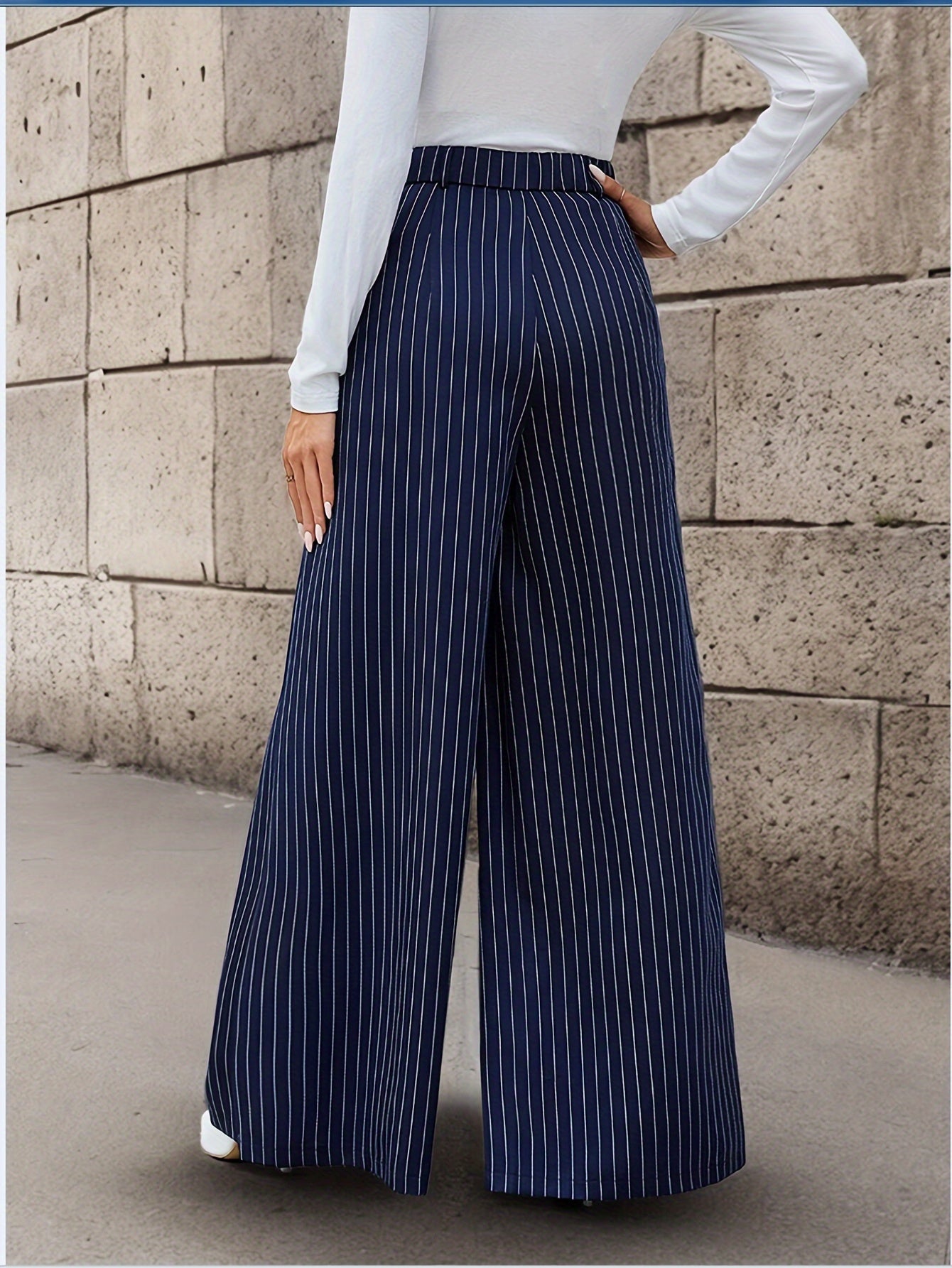 Striped Print Wide Leg Pants, Casual High Waist Long Length Pants, Women's Clothing