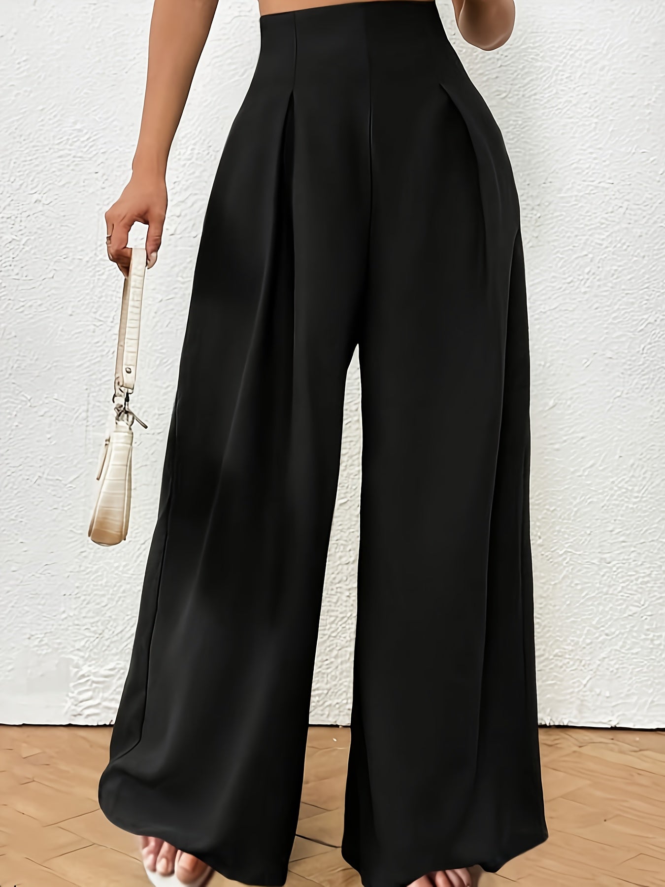 Plus Size Solid Pleated Wide Leg Pants, Casual High Waist Pants, Women's Plus Size Clothing