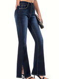 vlovelaw  Slant Pockets Washed Flare Jeans, Mid-Stretch Versatile Bell Bottom Jeans, Women's Denim Jeans & Clothing