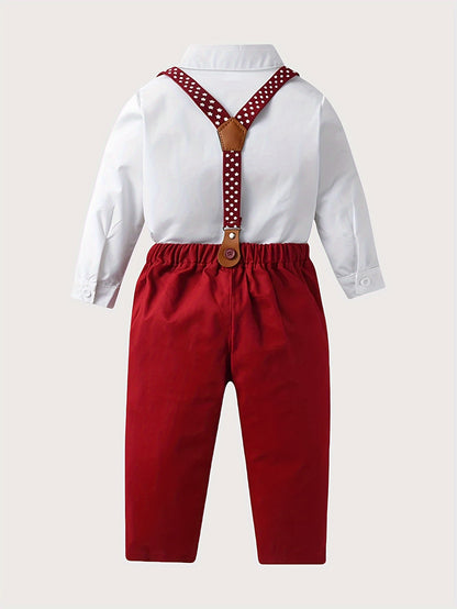 4-Piece Boys Gentleman Outfit Set, Long Sleeve Shirt, Polka Dot Suspenders, Bow Tie, and Pants