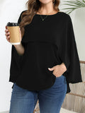 vlovelaw  Plus Size Elegant Blouse, Women's Plus Solid Layered Mesh Batwing Sleeve Round Neck Shirt Top