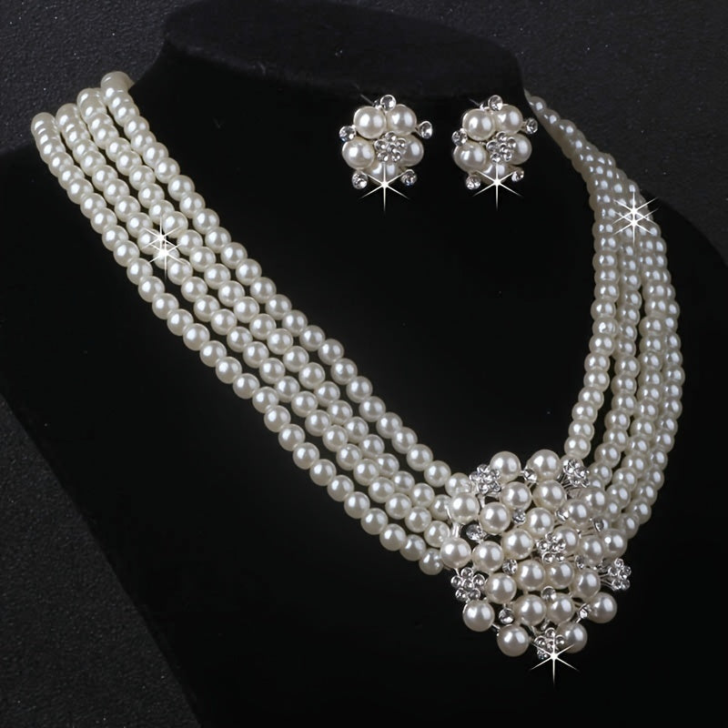 High end and atmospheric flower necklace with a pair of earrings set in milky white, 4-row bead necklace, wedding banquet, evening party, engagement set chain