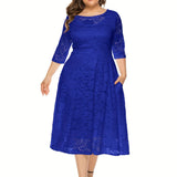 Plus Size Elegant Midi Lace Dress with 3/4 Sleeves - Crew Neck, Trapeze Hem, Pocket Details, Fitted Silhouette - Perfect for Wedding, Evening, Occasion, and Engagement Ceremony