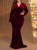 vlovelaw  Plus Size Solid Ruched Brush Train Dress, Elegant V Neck Long Sleeve Dress For Party & Banquet, Women's Plus Size Clothing