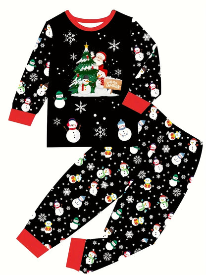 Children's Christmas Pattern Long Sleeve Pants Set, Ideal For Daily & Outdoor Wear