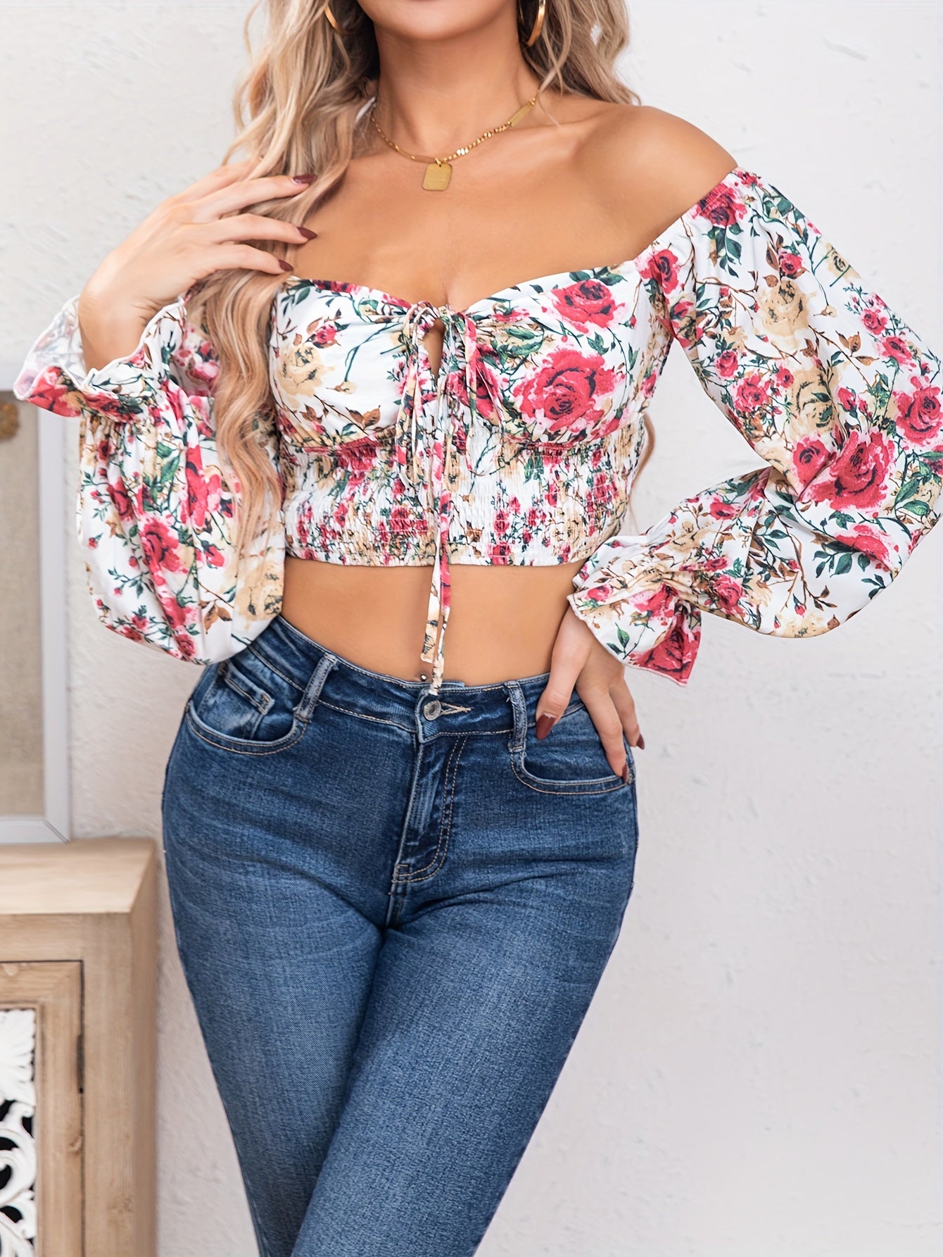 Floral Print Cold Shoulder Crop Blouse, Casual Long Sleeve Blouse For Spring & Fall, Women's Clothing