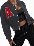 Alphabets Varsity Jacket, Casual Crop Button Front Jacket, Women's Clothing