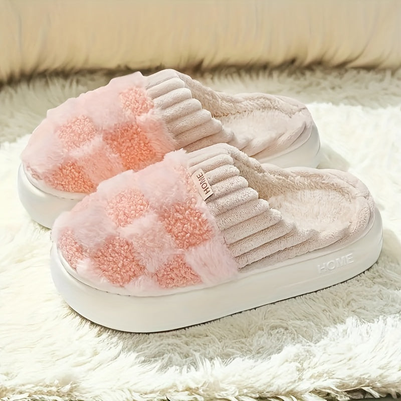 Cozy Checkered Plush Home Slippers - Soft-Sole, Winter Warmth, Quiet Indoor Comfort, Stylish Bedroom Footwear