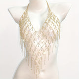 vlovelaw  Halter Backless Hollow Out Crop Top Body Chain Inlaid Shiny Rhinestone Temperament Body Chain Accessories