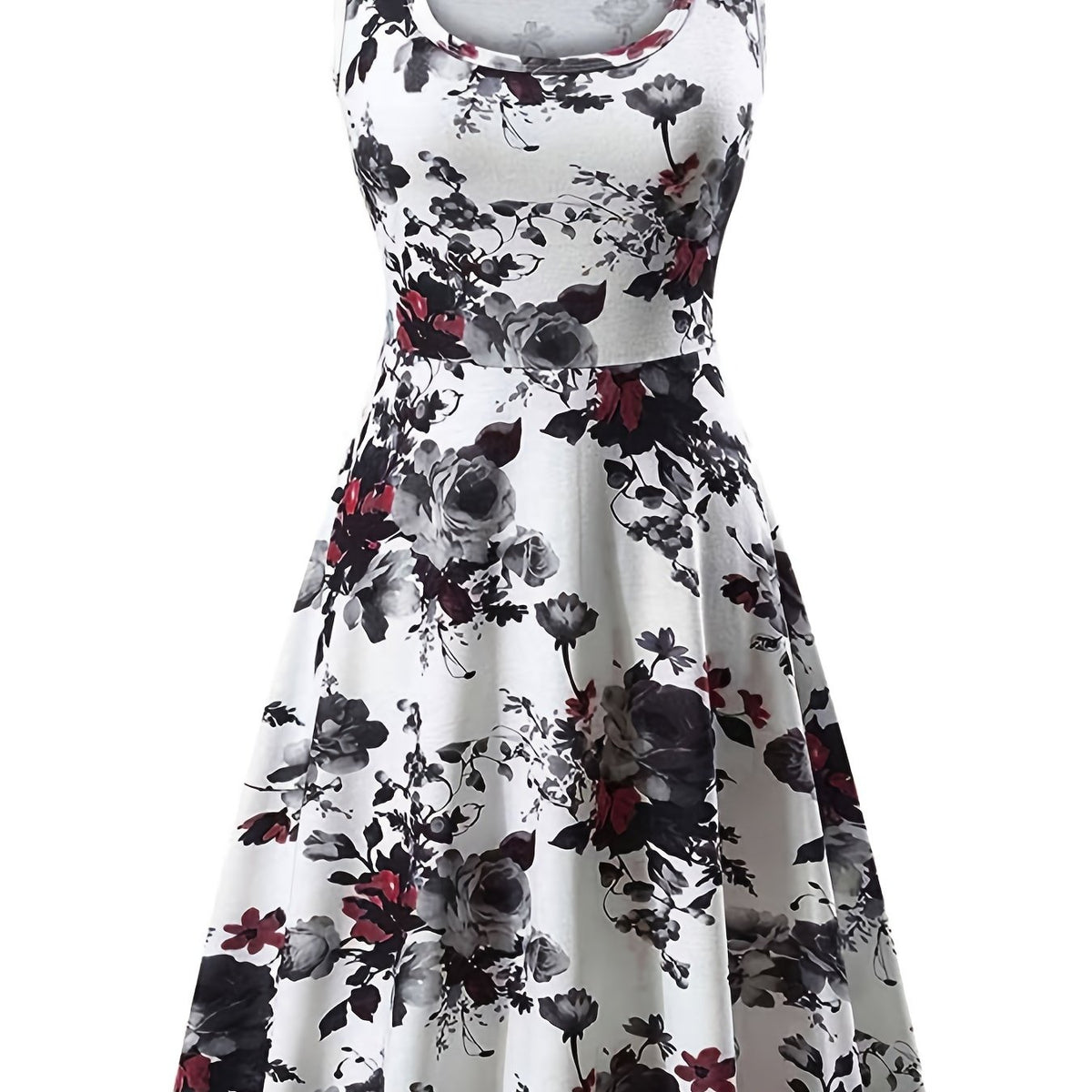 vlovelaw  Plus Size Elegant Dress, Women's Plus Floral Print Round Neck Medium Stretch Tank Dress