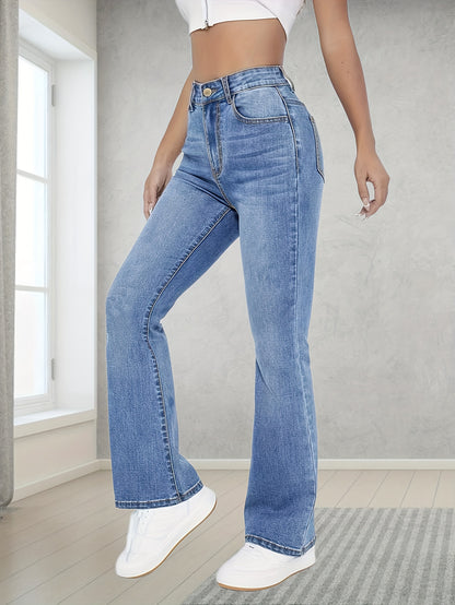 vlovelaw  Light Blue Casual Bootcut Jeans, Mid-Stretch Slant Pockets High Waist Denim Pants, Women's Denim Jeans & Clothing