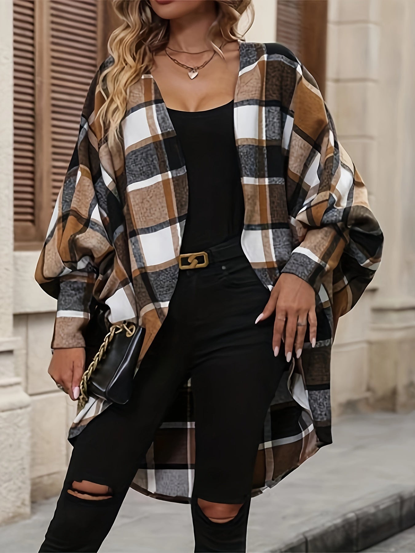 Plaid Print Open Front Cardigan, Batwing Cuff Sleeve Dipped Hem Cardigan For Spring & Fall, Women's Clothing