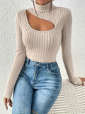 vlovelaw Cutout Ribbed Turtleneck T-Shirt, Casual Long Sleeve Top For Spring & Fall, Women's Clothing