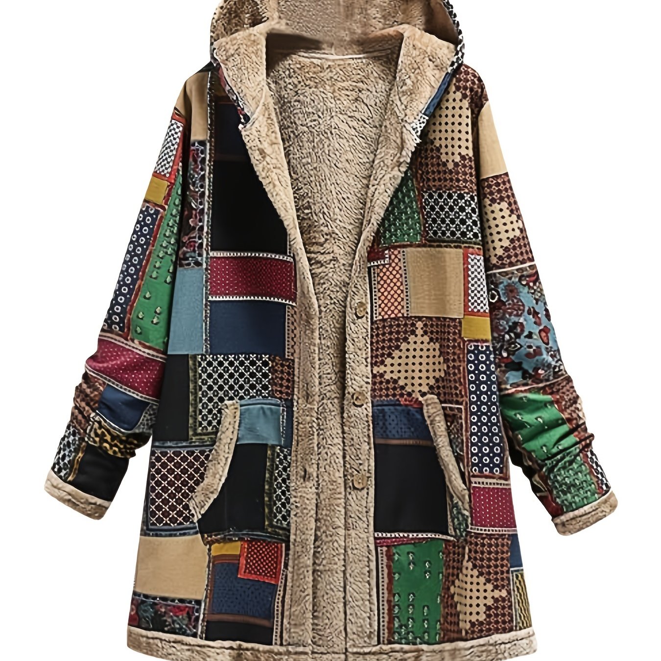 vlovelaw Retro Patchwork Hooded Jacket, Long Sleeve Button Up Casual Lightweight Outerwear For Fall & Winter, Women's Clothing