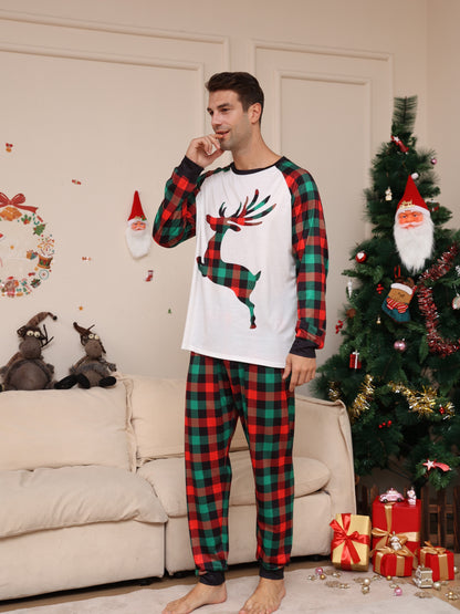 Men's Trendy Casual Christmas Pajamas Sets, Reindeer Plaid Graphic Print Long Sleeve Crew Neck Top & Loose Pants Lounge Wear