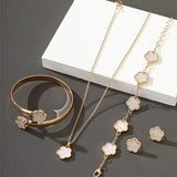 Stud Earrings + Necklace + Bracelet + 1 Bangle Chic Jewelry Set Lucky Flower Design Match Daily Outfits Party Accessories