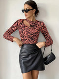 vlovelaw  Cutout Zebra Print Crew Neck T-Shirt, Casual Long Sleeve Top For Spring & Fall, Women's Clothing