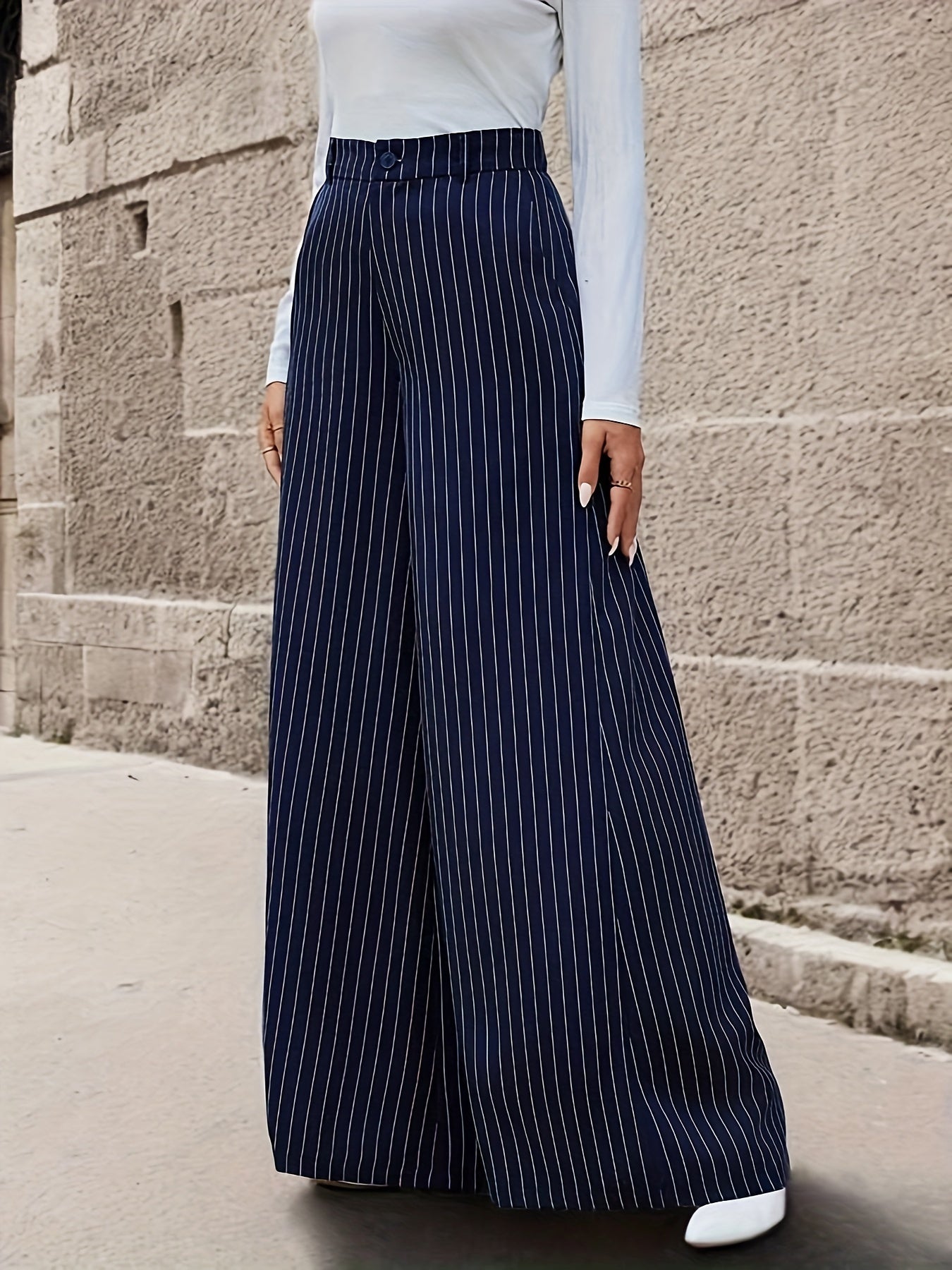 Striped Print Wide Leg Pants, Casual High Waist Long Length Pants, Women's Clothing