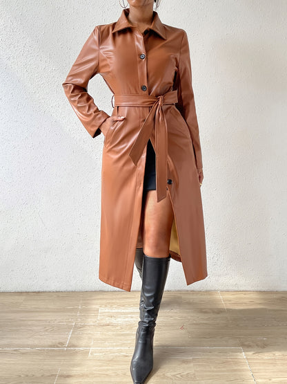 Solid Single Breasted Belted Jacket, Elegant Faux Leather Long Sleeve Overcoat, Women's Clothing