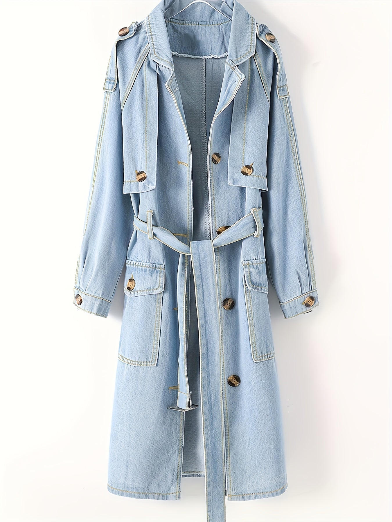 vlovelaw  Blue Long Sleeves Long Denim Coat, Flap Pockets With Waistband Casual Long Denim Jacket, Women's Denim Clothing