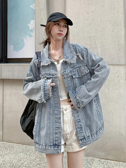 Blue Ripped Holes Lapel Denim Coat, Long Sleeves Raw Trim Chic Denim Jacket, Women's Denim Clothing