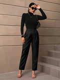 vlovelaw  Solid Color Slant Pockets Pants, Elegant High Waist Pants For Spring & Fall, Women's Clothing