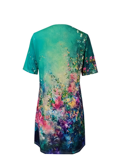 vlovelaw  Oil Painting Floral Print Dress, Casual V-Neck Short Sleeve Dress, Women's Clothing