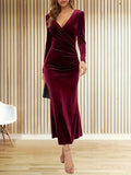 vlovelaw  Solid Bodycon Midi Dress, Elegant V Neck Long Sleeve Dress, Women's Clothing