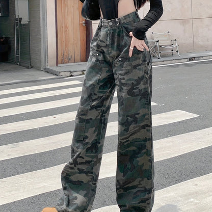 vlovelaw  Camouflage Buckle Waist Adjustable Cargo Jeans, High Rise Loose Casual Denim Pants, Women's Denim Jeans & Clothing