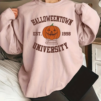 vlovelaw  Plus Size Halloween Sweatshirt, Women's Plus Cartoon Pumpkin & Letter Print Long Sleeve Round Neck Slight Stretch Sweatshirt