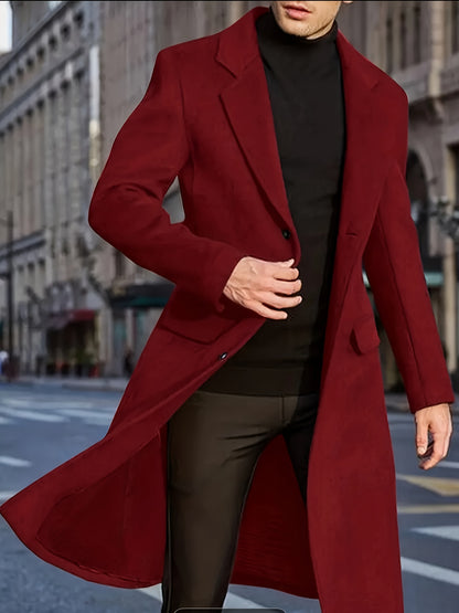 Plus Size Polyester Men's Trench Coat, Loose Fit Solid Color Overcoat with Lapel Collar and Button Details for Fall Season Woven Long Coat