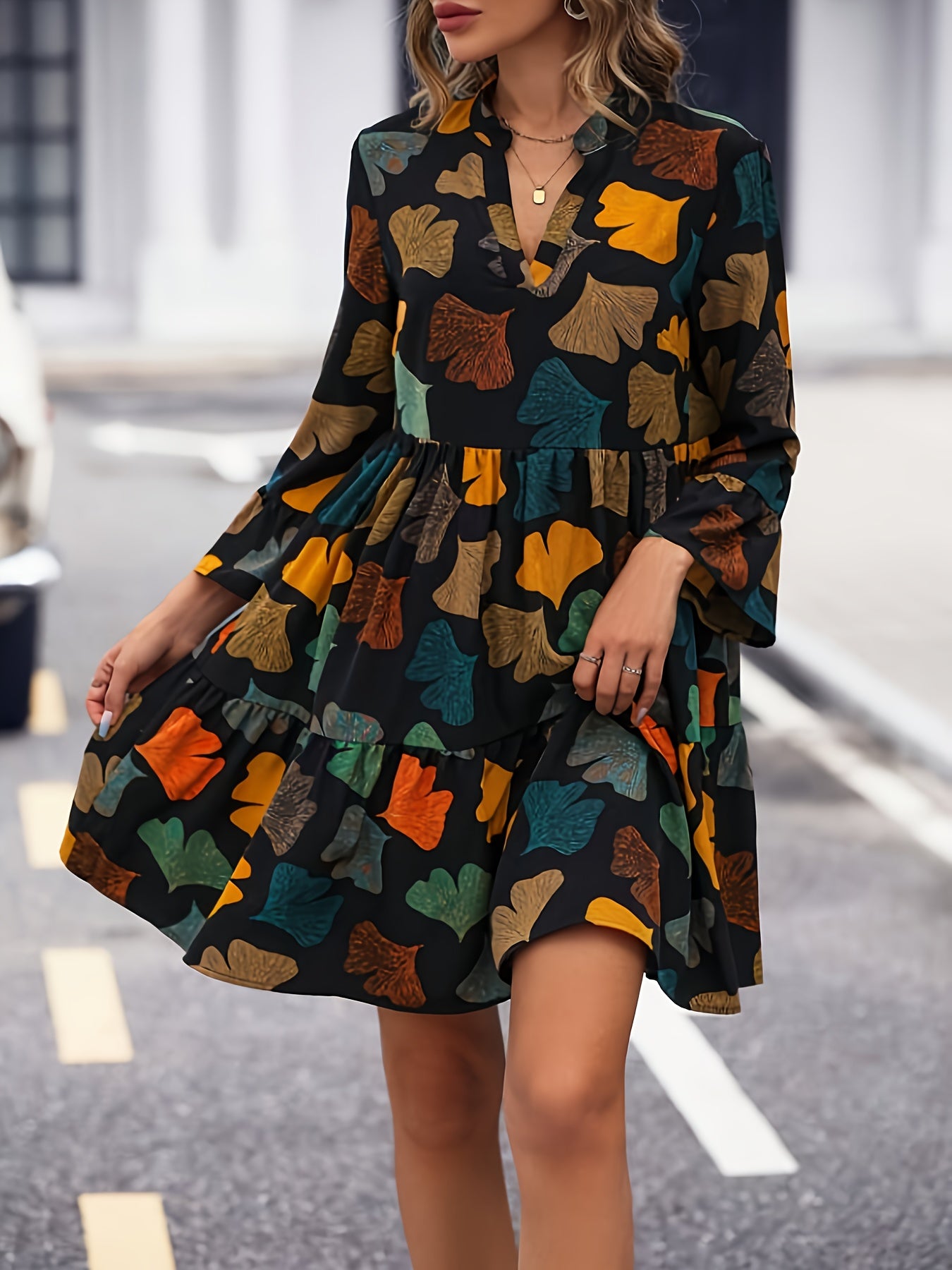 vlovelaw  Colorful Leaf Print V Neck Dress, Casual Cinched Waist Long Sleeve Tiered Dress, Women's Clothing