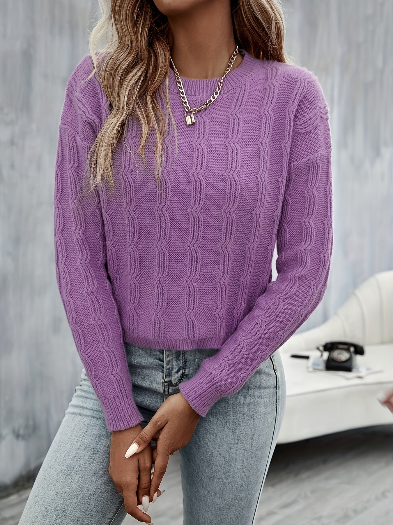 Solid Crew Neck Rib Knit Sweater, Casual Long Sleeve Drop Shoulder Sweater, Women's Clothing