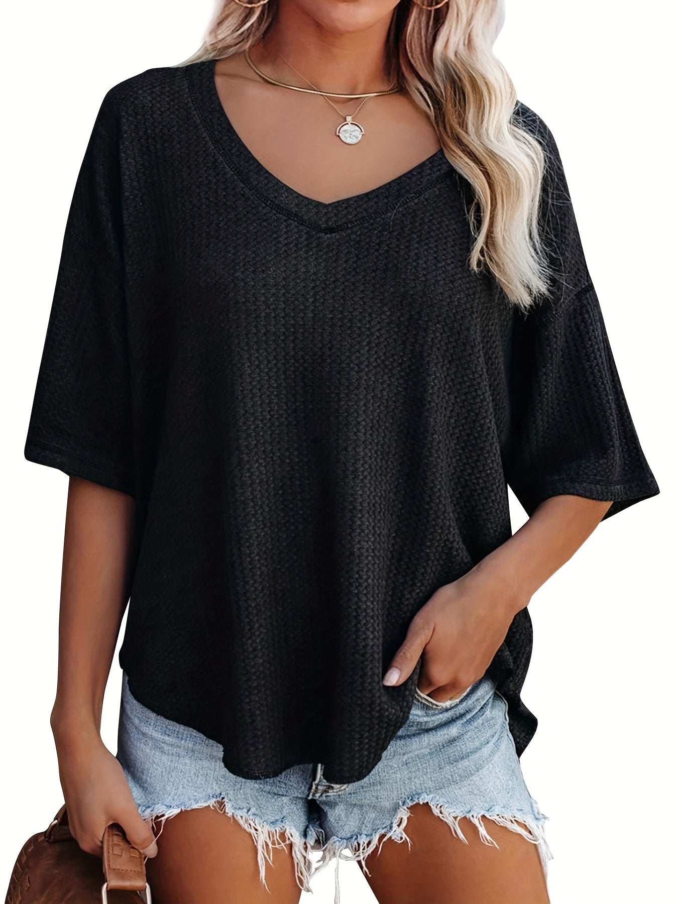 vlovelaw Solid Elegant V Neck T-Shirt, Drop Shoulder Casual Top For Summer & Spring, Women's Clothing