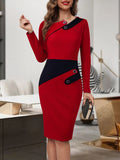 vlovelaw Button Decor Color Block Dress, Elegant Long Sleeve Bodycon Dress, Women's Clothing