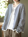 vlovelaw  Striped Print Button Front Jacket, Casual V Neck Long Sleeve Outerwear For Spring & Summer, Women's Clothing