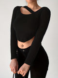 vlovelaw  Solid Asymmetrical Hem Crop Sweater, Sexy Long Sleeve Sweater For Spring & Fall, Women's Clothing