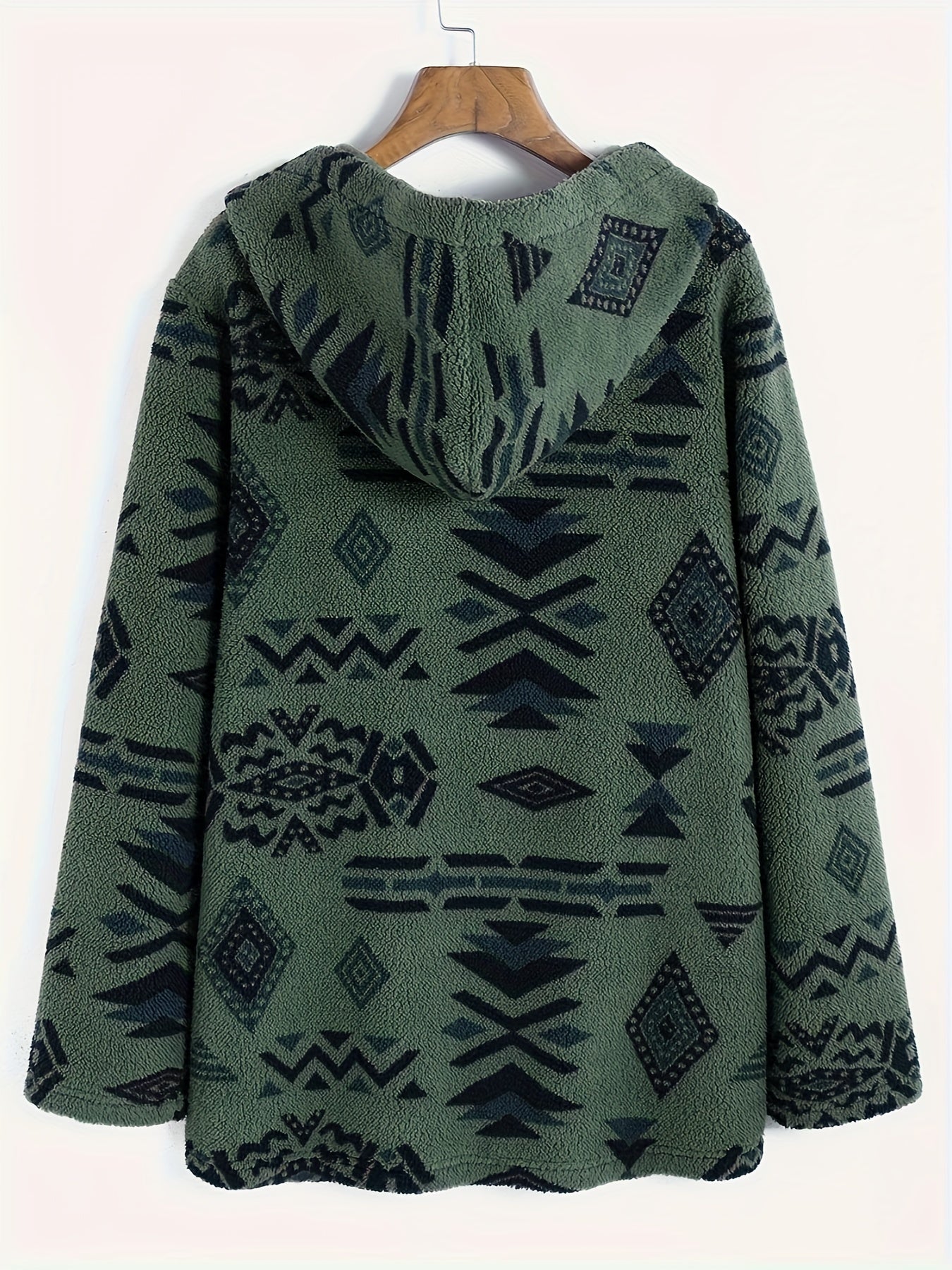 vlovelaw  Aztec Pattern Hooded Teddy Jacket, Casual Open Front Long Sleeve Outerwear, Women's Clothing