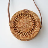 Bohemian Chic Rattan Woven Crossbody Bag - Handcrafted Vintage Circle Bag with Braided Detail and Buckle Accent - Perfect for Women