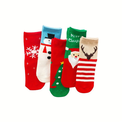 2/5 Pairs Of Girl's Christmas Style Funny Pattern Crew Socks, Comfy Breathable Casual Thermal Socks, Winter & Autumn