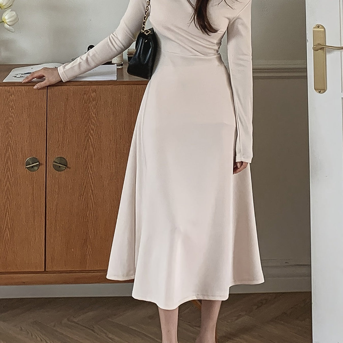 vlovelaw  Solid A-line Dress, Elegant V Neck Long Sleeve Dress For Spring & Fall, Women's Clothing