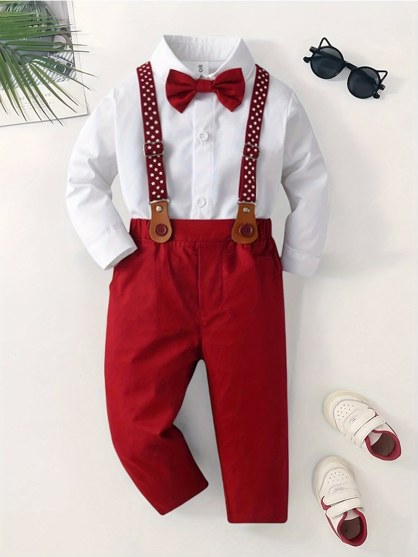 4-Piece Boys Gentleman Outfit Set, Long Sleeve Shirt, Polka Dot Suspenders, Bow Tie, and Pants