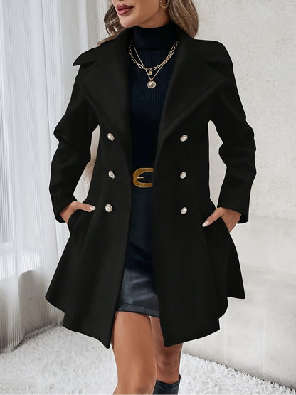 Double-breasted Flare Coat, Elegant Notched Collar Long Sleeve Blazer For Fall & Winter, Women's Clothing