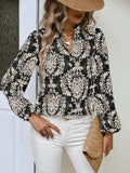 Ethnic Floral Print Blouse, Boho V Neck Long Sleeve Blouse, Women's Clothing