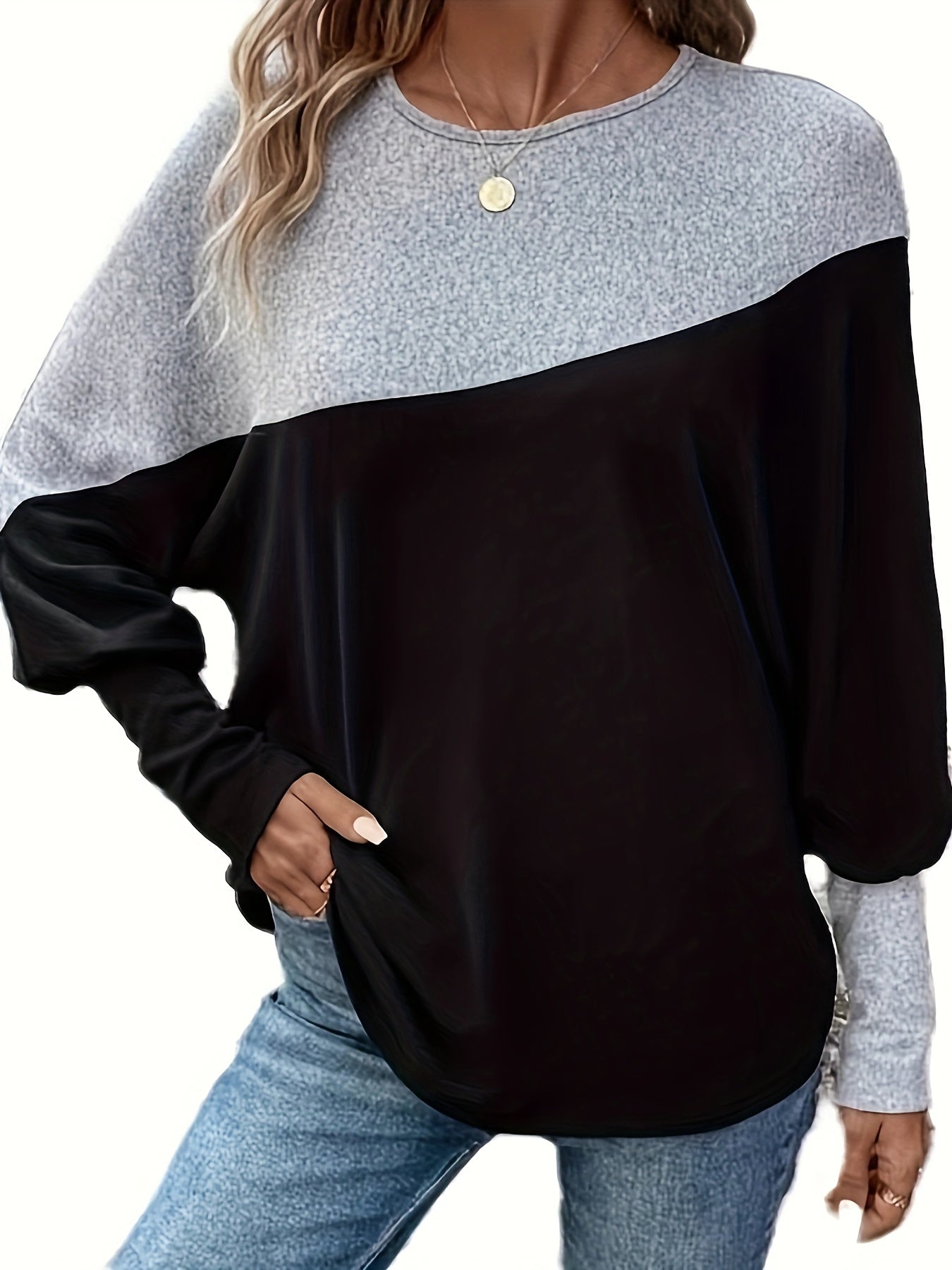 vlovelaw  Color Block Long Sleeve Casual Top, Round Neck Sports Loose Thin Sweatshirt, Women's Clothing